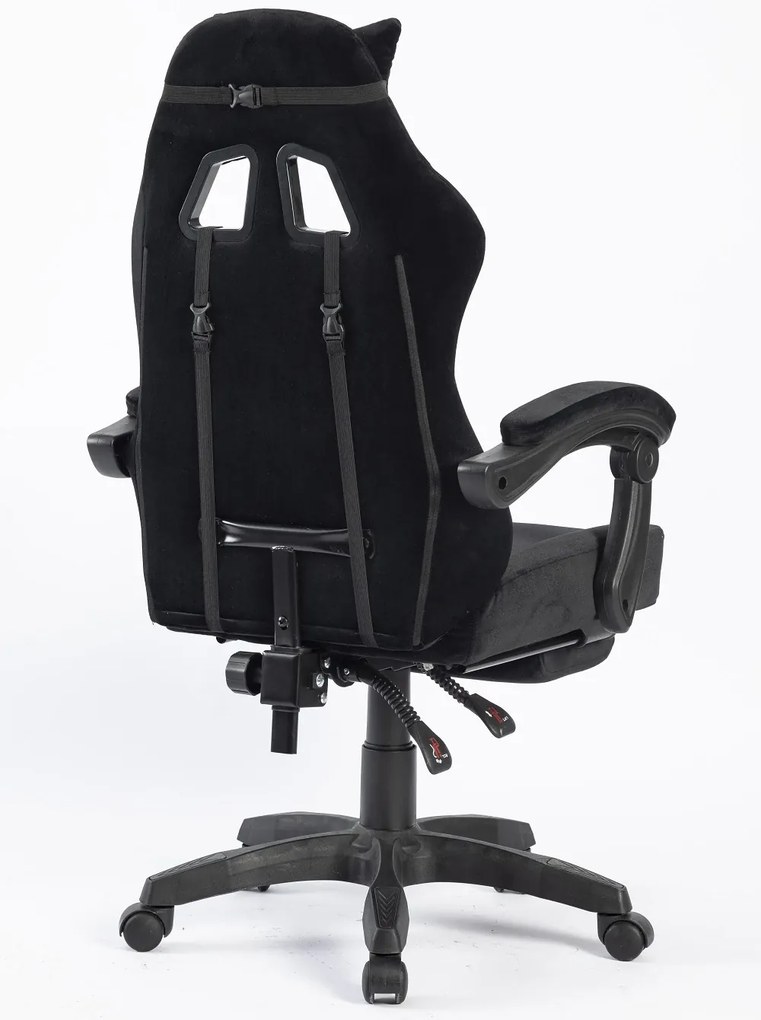Scaun gaming, masaj în perna lombară, suport picioare, negru, catifea