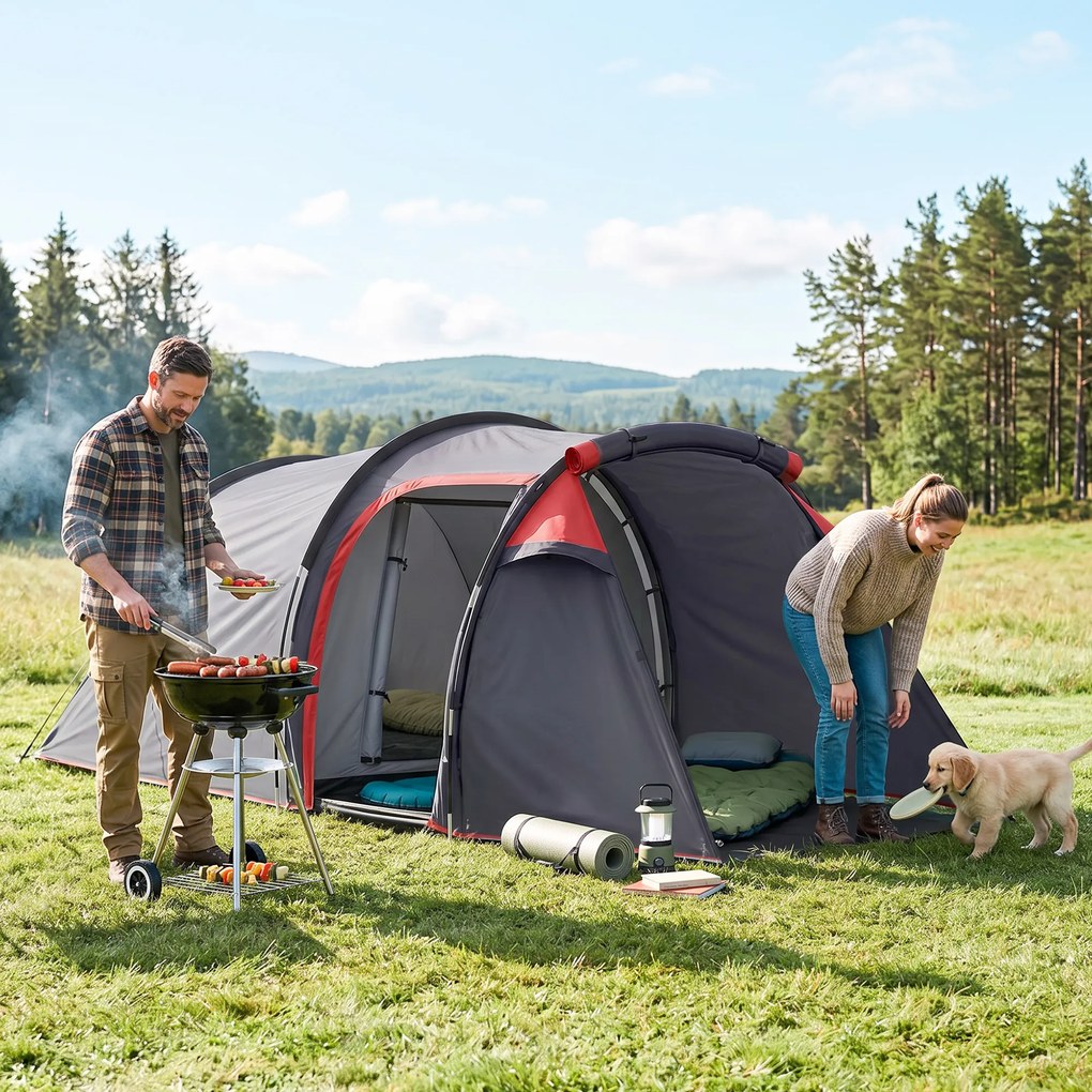 Outsunny Cort pentru Camping 2 Locuri cu Vestibul Mare, Cort Impermeabil Usi cu Fermoar, 426x206x154cm Gri | Aosom Romania