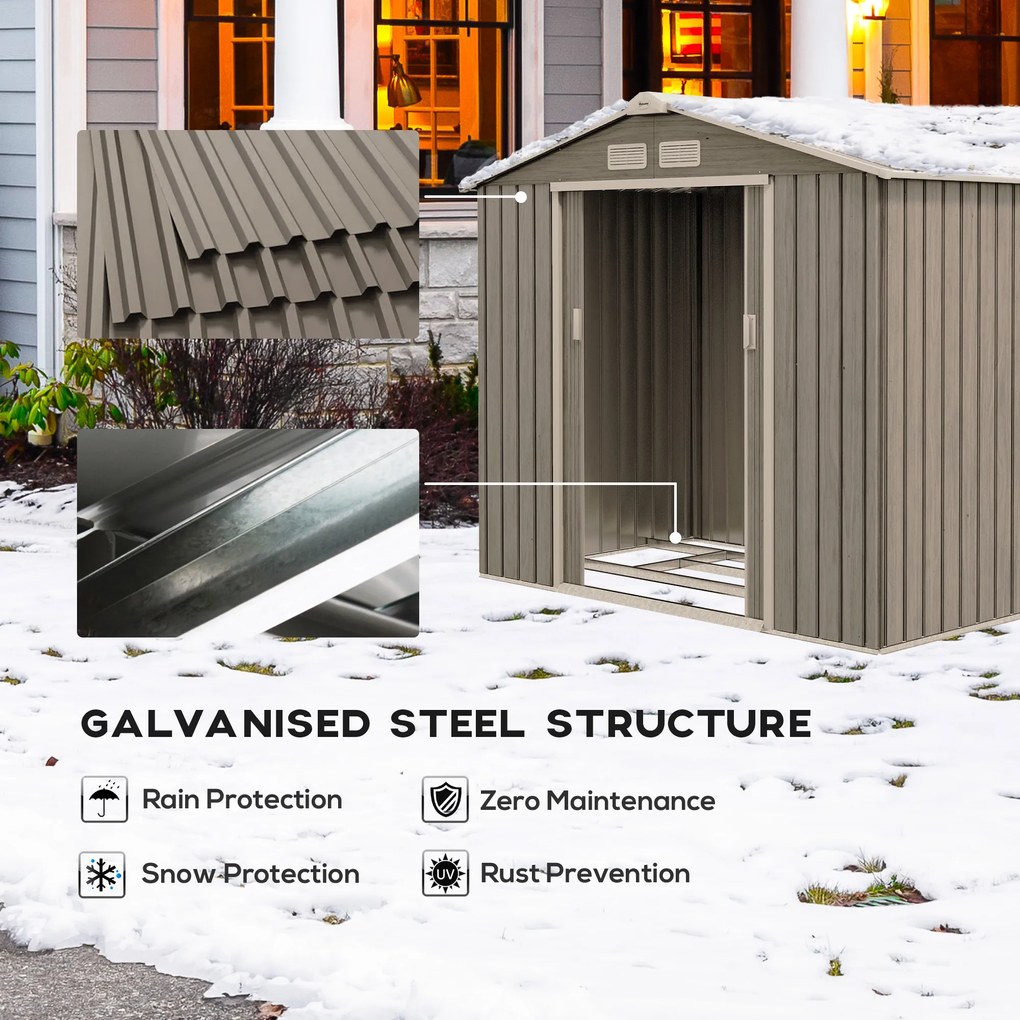 Outsunny Magazie Grădină Metalică cu Orificii de Ventilație și Ușă Culisantă Dublă pentru Grădinarit și DIY, 213x130x185 cm, Maro | Aosom Romania