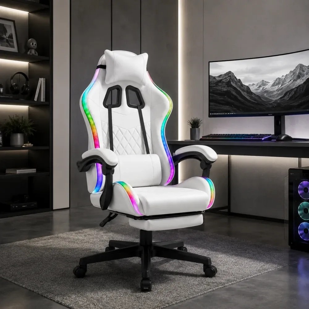RESIGILAT- Scaun gaming, sistem iluminare bandă LED RGB, masaj în perna lombară, suport picioare, Alb