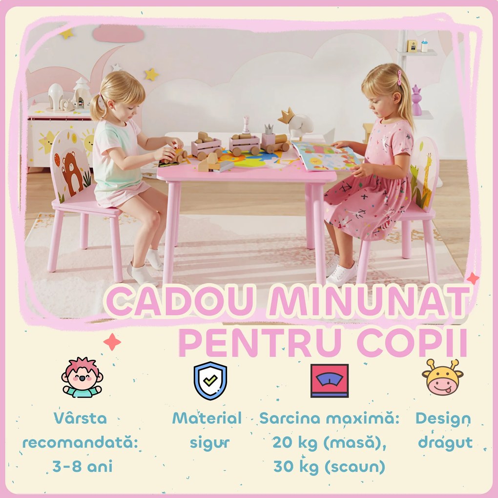 AIYAPLAY Măsuță și 2 scaune pentru copii 3-8 ani cu margini rotunjite, Roz | Aosom Romania