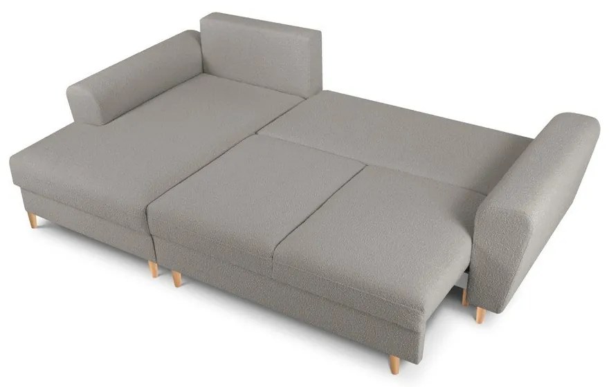 Colțar gri deschis extensibil, cu spațiu de depozitare cu tapițerie din țesătură bouclé (cu colț pe partea stângă, cu șezlong) Kyoto – Cosmopolitan Design