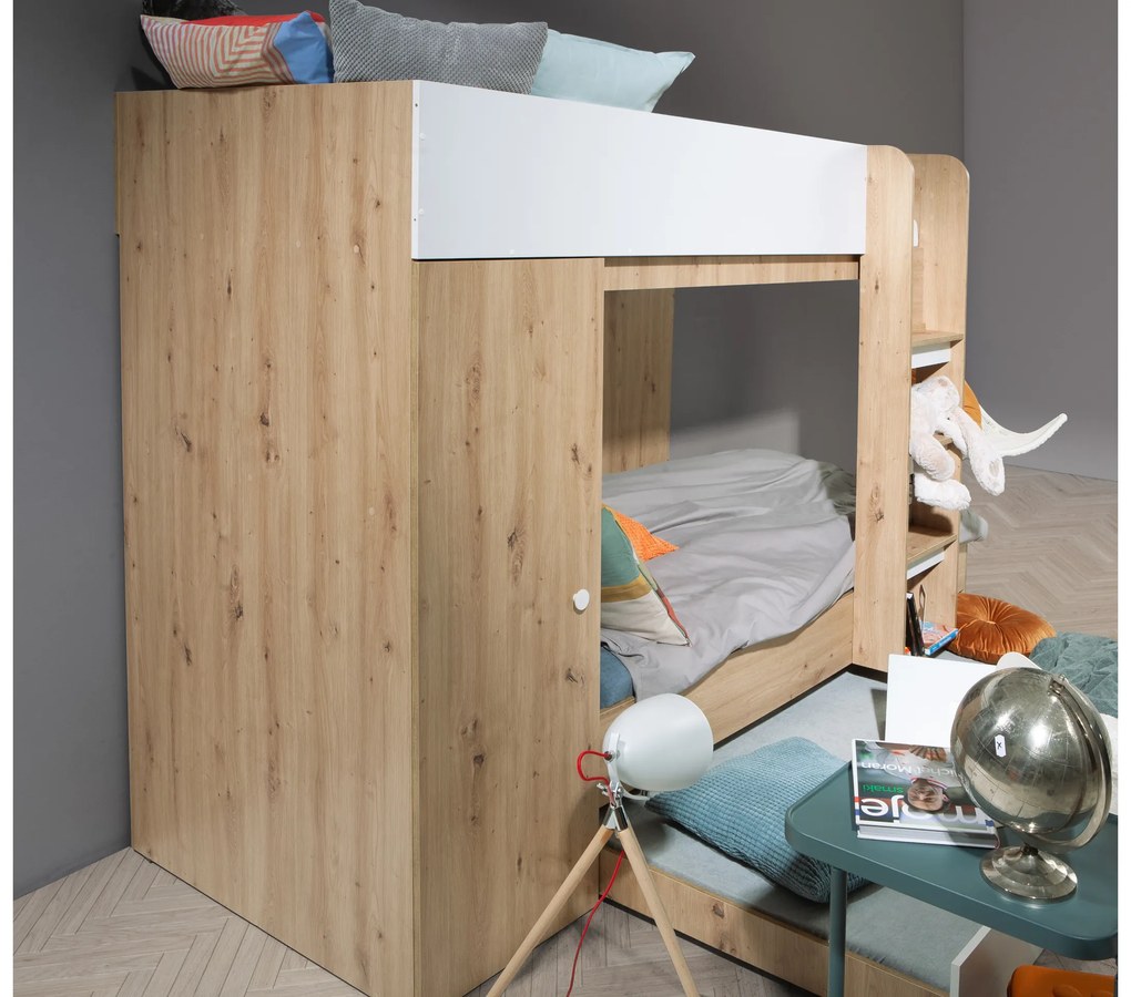 Pat pentru copii combinat 90 cm Sami 2 (Stejar artisan + alb mat + mânere negre). 1085815