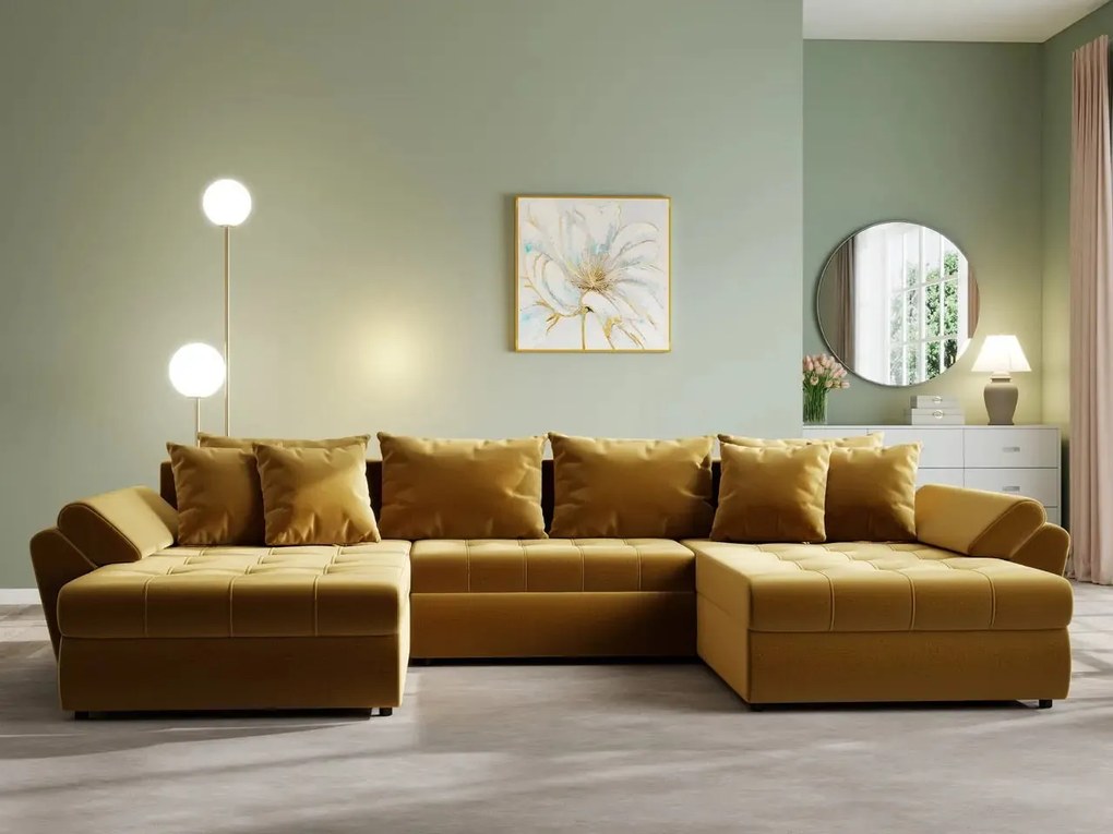 Colțar extensibil dumonde cu ladă de depozitare si sezut confortabil din spuma high-density, Loana U Royal Mustar 355x185 cm