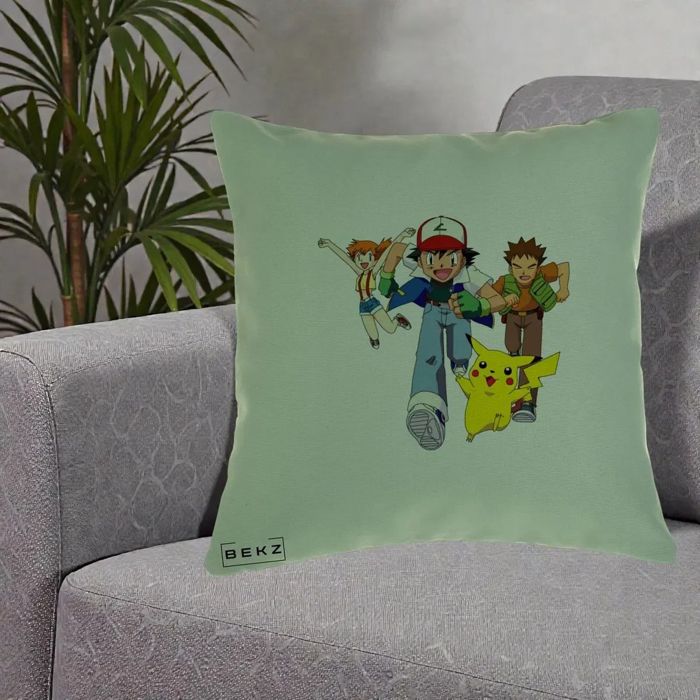 Perna Personalizata Pokemon Ash Misty Brock si Pikachu, 40x40 cm, Verde, Husa Detasabila, Perna Inclusa, BEKZ®