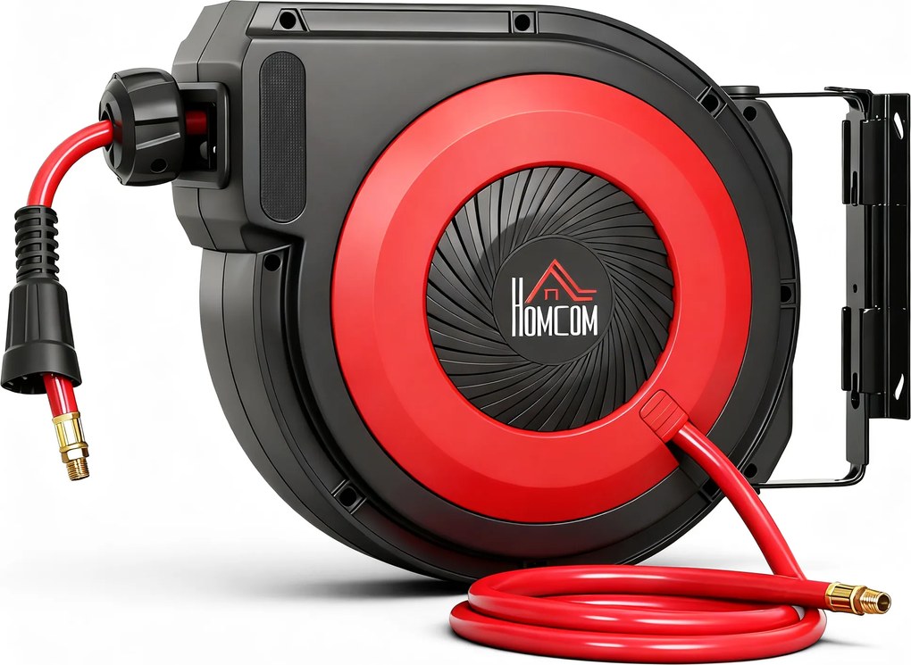 HOMCOM Tambur pentru furtun cu mecanism de retragere, furtun lung de 16,5 m, montare pe perete, Roșu+Negru | Aosom Romania