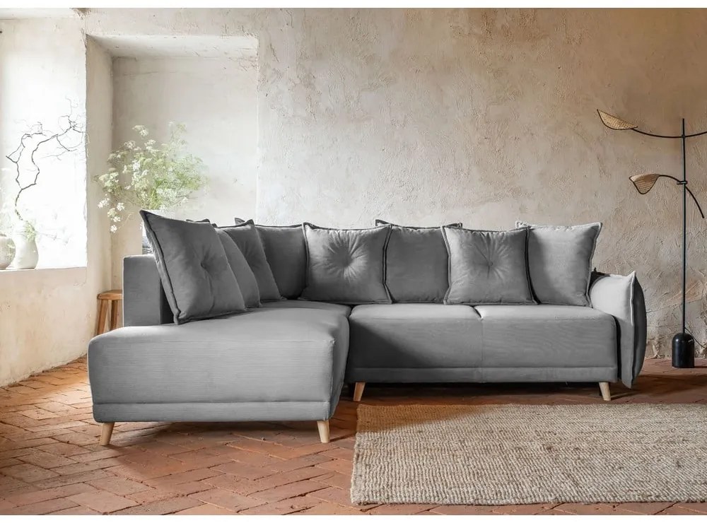 Colțar gri extensibil cu tapițerie din catifea reiată (colț stânga) Lazy Lukka – Miuform