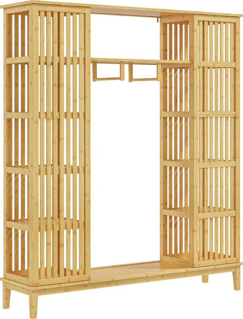 HOMCOM Dulap Deschis din Bambus cu 2 Uși Glisante, Garderobă cu Rafturi și Bară de Haine, 145x35x165 cm, Lemn Natural | Aosom Romania