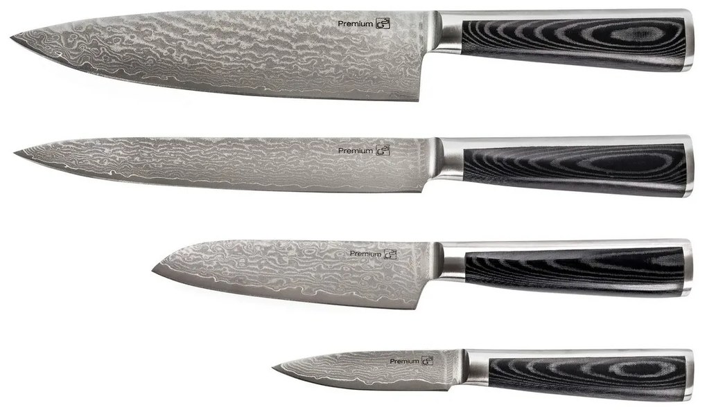 Set de cuțite G21 Damascus Premium în bloc debambus, 4 bucăți + piatră de ascuțit