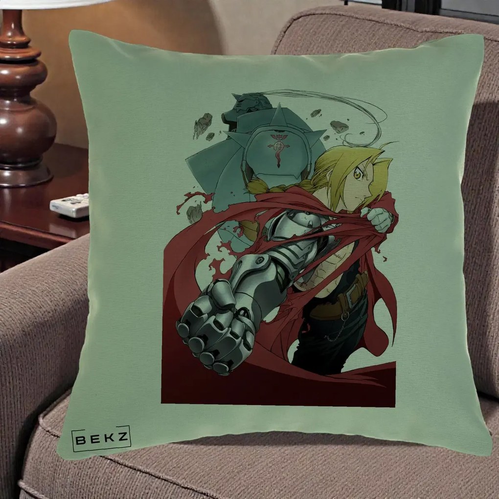 Perna Personalizata Fullmetal Alchemist Brotherhood Edward si Al Poster, 40x40 cm, Verde, Husa Detasabila, Perna Inclusa, BEKZ®