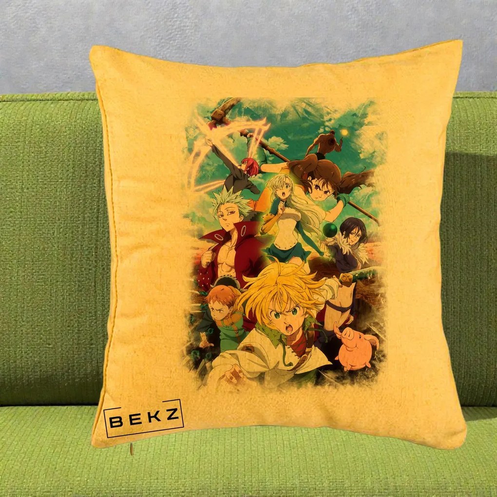 Perna Personalizata Nanatsu no Taizai Cele Sapte Pacate Mortale Anime, 40x40 cm, Galben, Husa Detasabila, Perna Inclusa, BEKZ®
