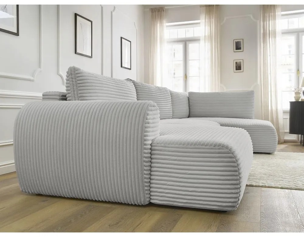 Colțar gri deschis extensibil/cu spațiu de depozitare cu tapițerie din catifea reiată (cu colț pe partea dreaptă/în formă de "U") Lucien – Bobochic Paris