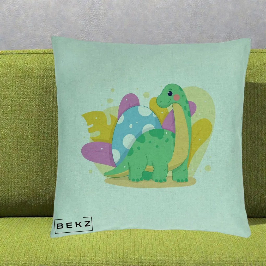 Perna Personalizata Dinozaur cu Ou Pastelat, 40x40 cm, Verde Menta, Husa Detasabila, Perna Inclusa, BEKZ®