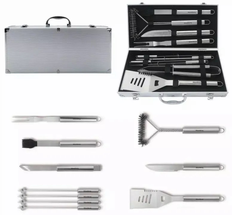 Set de 11 ustensile de grătar Klausberg KB 7901, Geantă de transport, Mânere ergonomice, Oțel inoxidabil, Inox