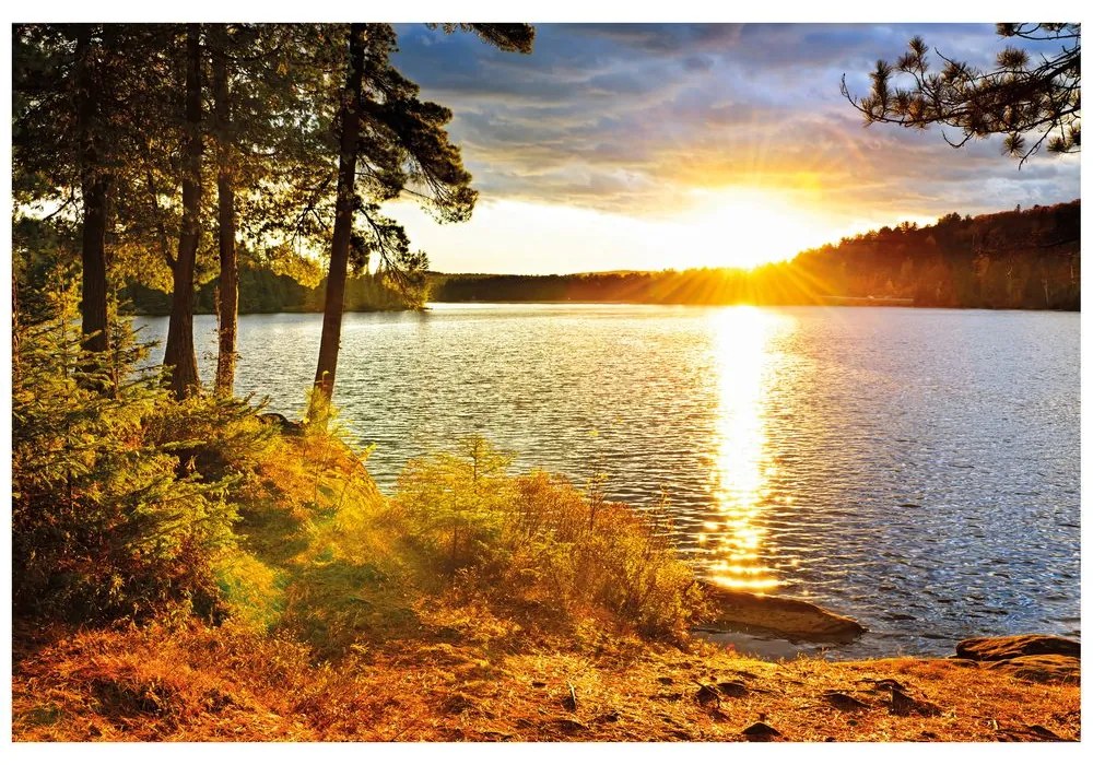 Fototapet apus de soare deasupra lacului