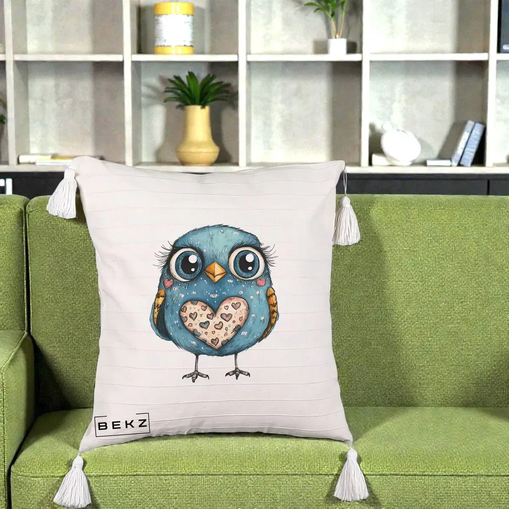 Perna Decorativa Bufnita Albastra cu Inimioare, 40x40 cm, Bej cu Franjuri, Husa Detasabila, Perna Inclusa, BEKZ®