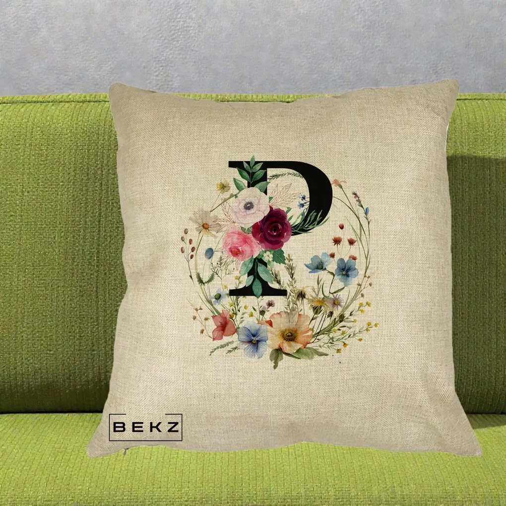 Cadou Personalizat - Perna Personalizata Monogram Litera P cu Flori Acuarela, 40x40 cm, Crem, Husa Detasabila, Perna Inclusa, BEKZ®