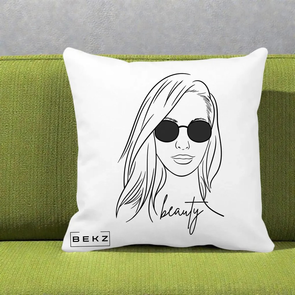 Perna Decorativa Beauty Girl Line Art, 40x40 cm, Alba Mata, Husa Detasabila, Perna Inclusa, BEKZ®