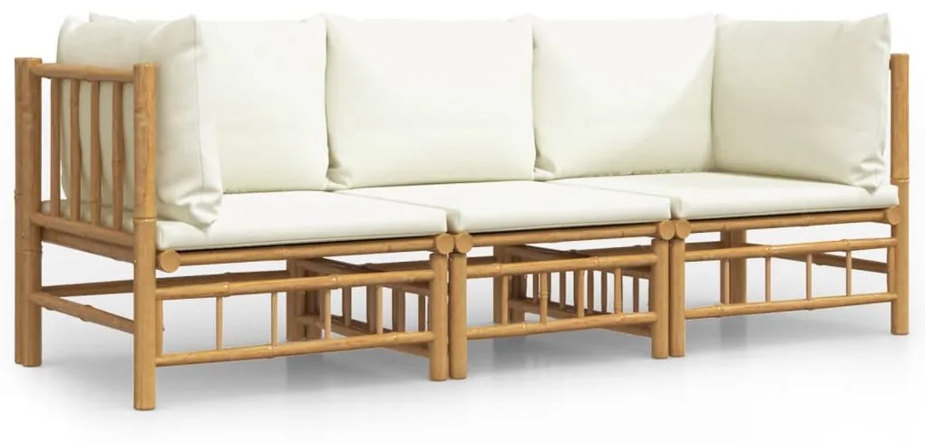 3155183 vidaXL Set mobilier de grădină, cu perne alb crem, 3 piese, bambus