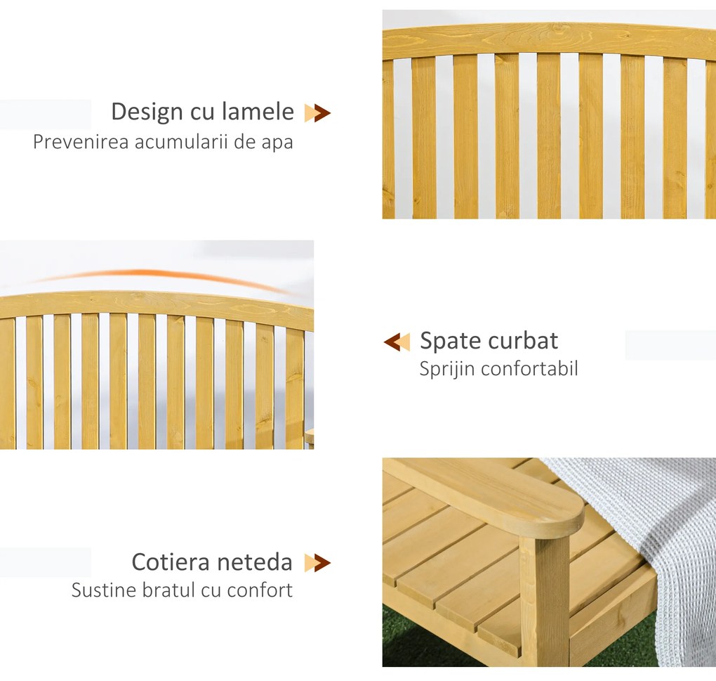 Outsunny Bancă din Lemn cu 2 Locuri, Spătar și Cotiere pentru Terasă, Verandă, Piscină, Balcon, 143x51x85 cm, Lemn Natural | Aosom Romania