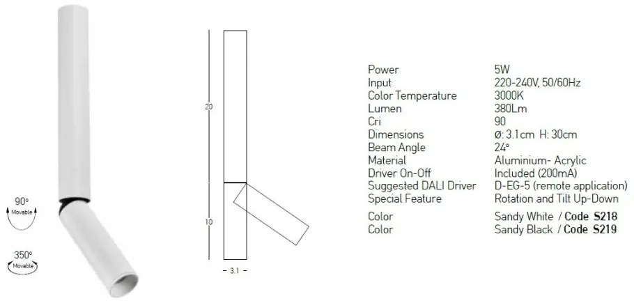 Spot LED aplicat cu rotire si înclinare Tube alb