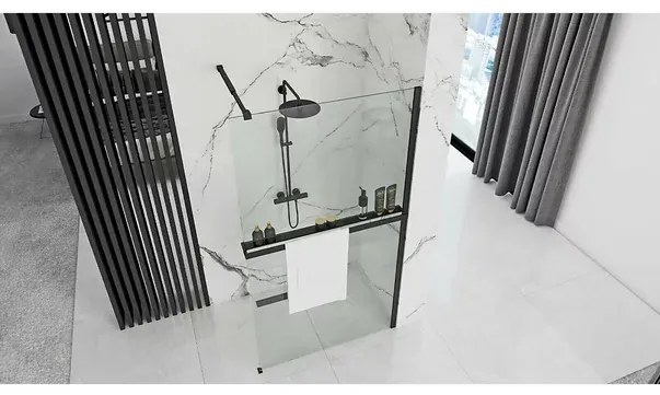 Paravan de dus tip Walk-in Rea Aero 80x195 cm si etajera cu suport negru