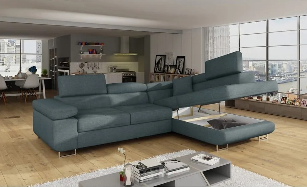 Colțar albastru extensibil/cu spațiu de depozitare (cu colț pe partea dreaptă/în formă de ”L”) Anton – ELTAP