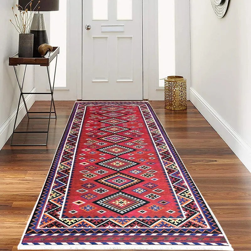 Traversa hol antiderapanta, 80x300 cm, rosu, model etnic clasic