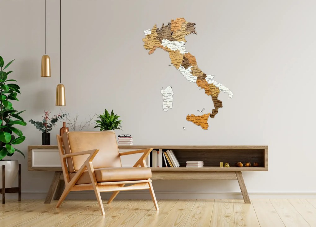 Hartă din lemn a Italiei pentru perete - Decorațiune murală realizată manual în 2D - Italia