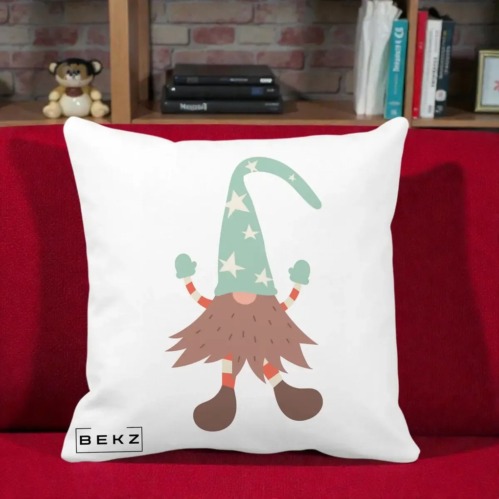 Perna Decorativa Pitic Gnom Nordic cu Cadou Menta, 40x40 cm, Alba Mata, Husa Detasabila, Perna Inclusa, BEKZ®