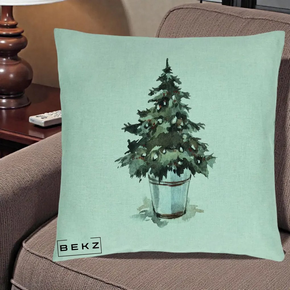 Perna Decorativa Brad in Galeata Watercolor, 40x40 cm, Verde Menta, Husa Detasabila, Perna Inclusa, BEKZ®