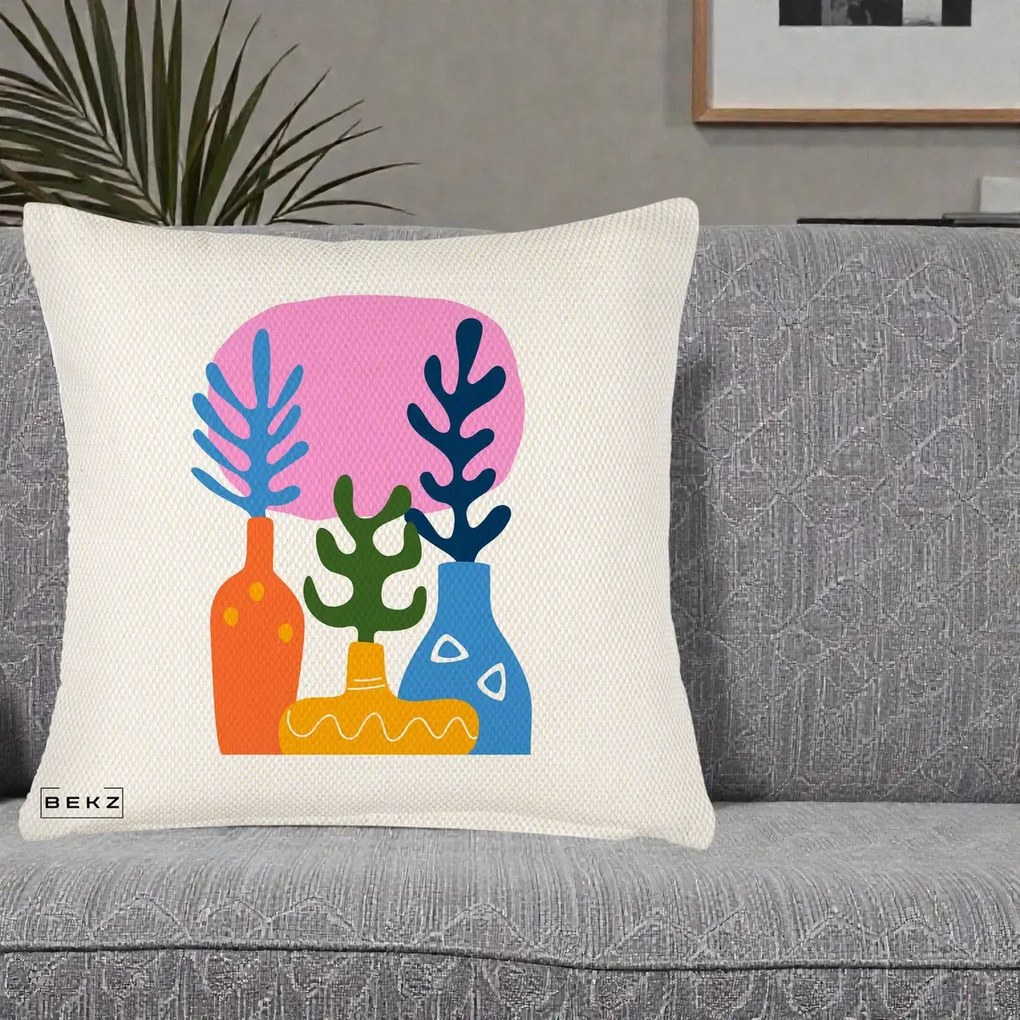 Perna Decorativa Vaze Botanice Abstract, 40x40 cm, Crem Reliefat, Husa Detasabila, Perna Inclusa, BEKZ®