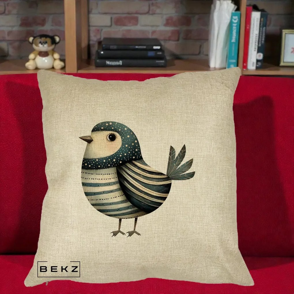 Perna Decorativa Pasare Teal Decorativa Dungata, 40x40 cm, Crem, Husa Detasabila, Perna Inclusa, BEKZ®