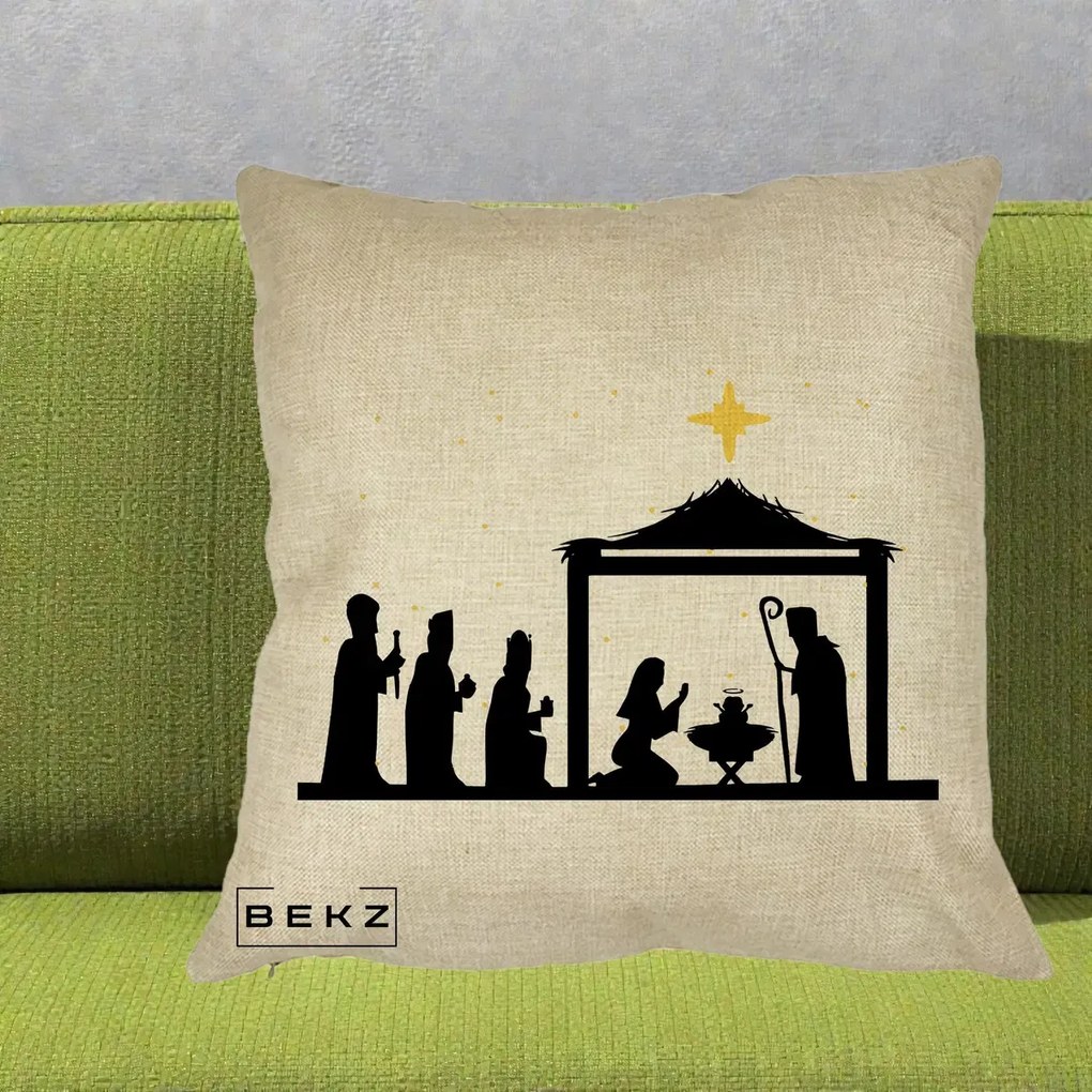 Perna Decorativa Nasterea Pruncului Silueta Neagra si Stea Aurie, 40x40 cm, Crem, Husa Detasabila, Perna Inclusa, BEKZ®