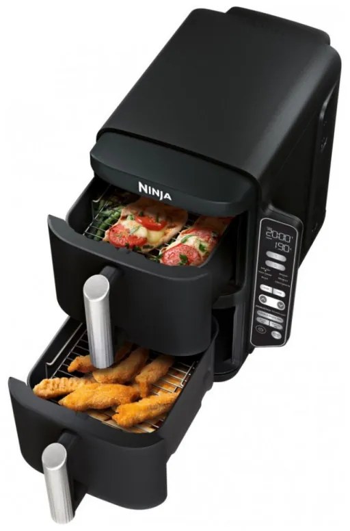 Friteuza dubla cu aer cald Ninja SL300EU, 2470W, 7.6 L, 40-240°C, 2 cosuri, 6 programe, Sincronizare, Timer, Auto stop, Negru