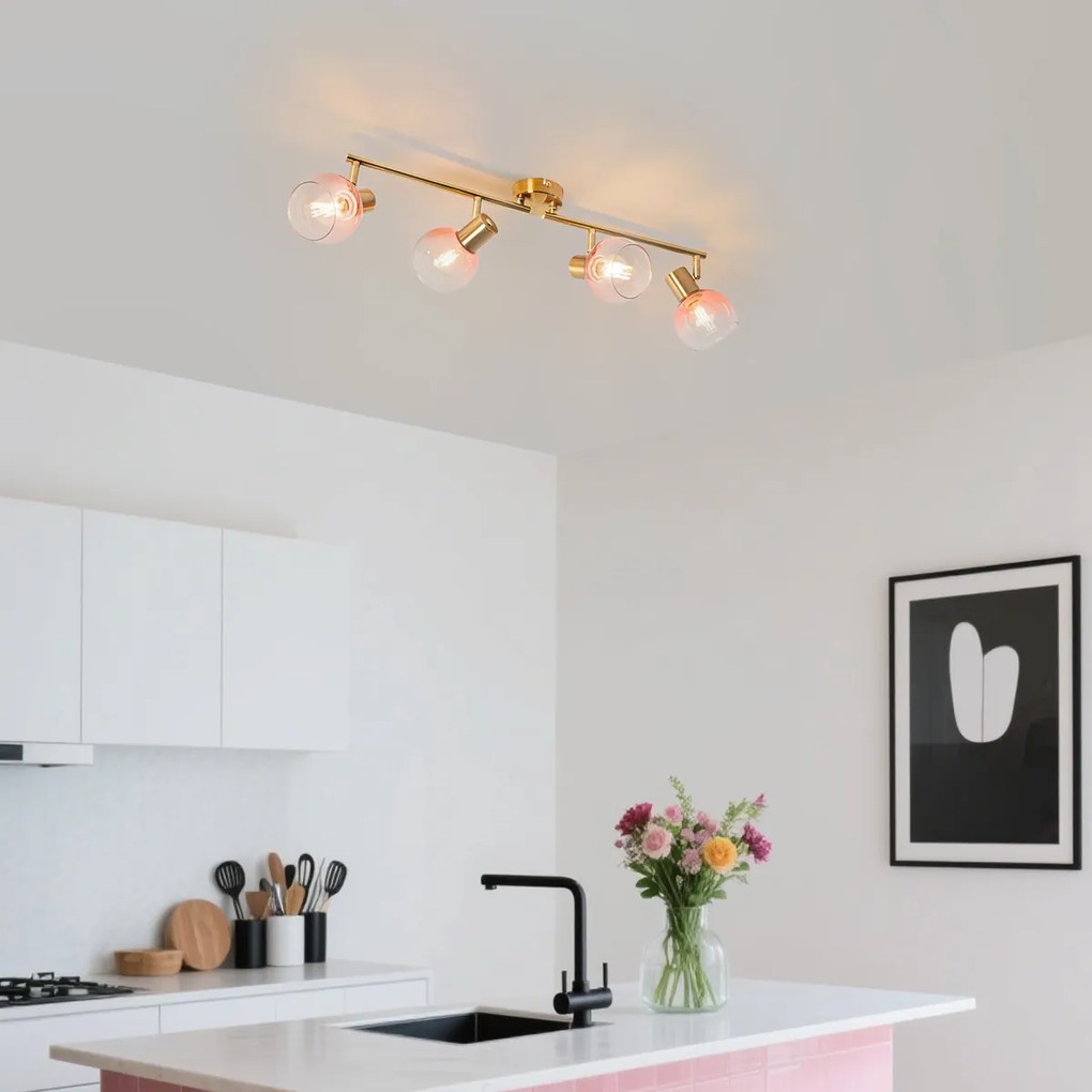 Spotlight Art Deco auriu cu sticlă roz cu 4 lumini - Vidro