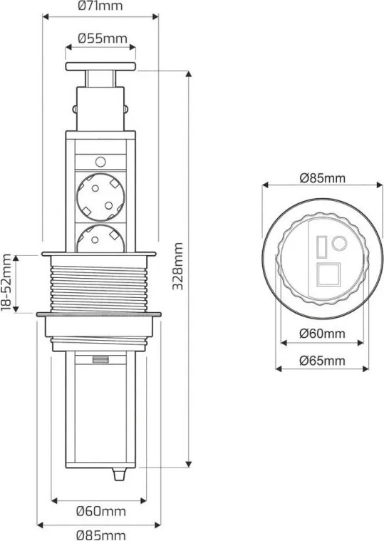 Priză încorporabilă în blat Lift Box Design Light, 3 prize Schuko, 2 porturi USB, aluminiu, D:71 mm Aluminiu, Metal/Plastic, D:71 mm; H:328 mm