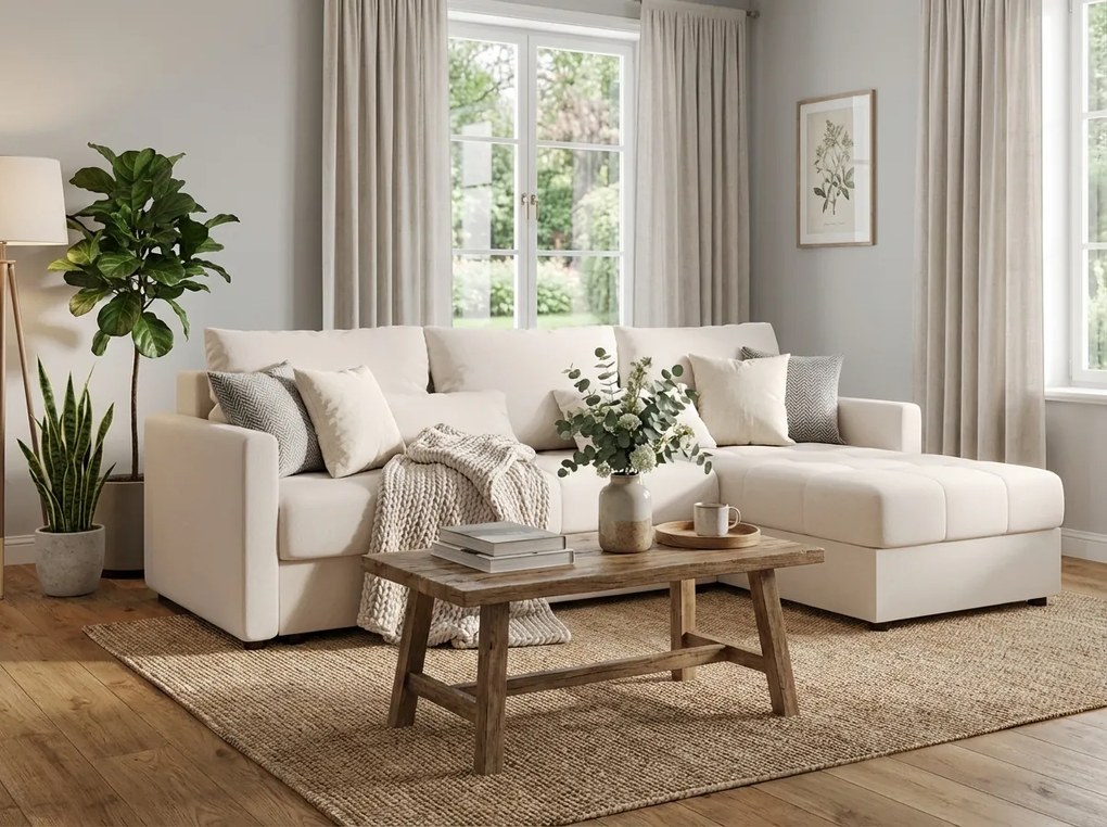 Coltar extensibil VENORIA, crem, colt reversibil, 220x143 cm + 2 perne GRATUIT