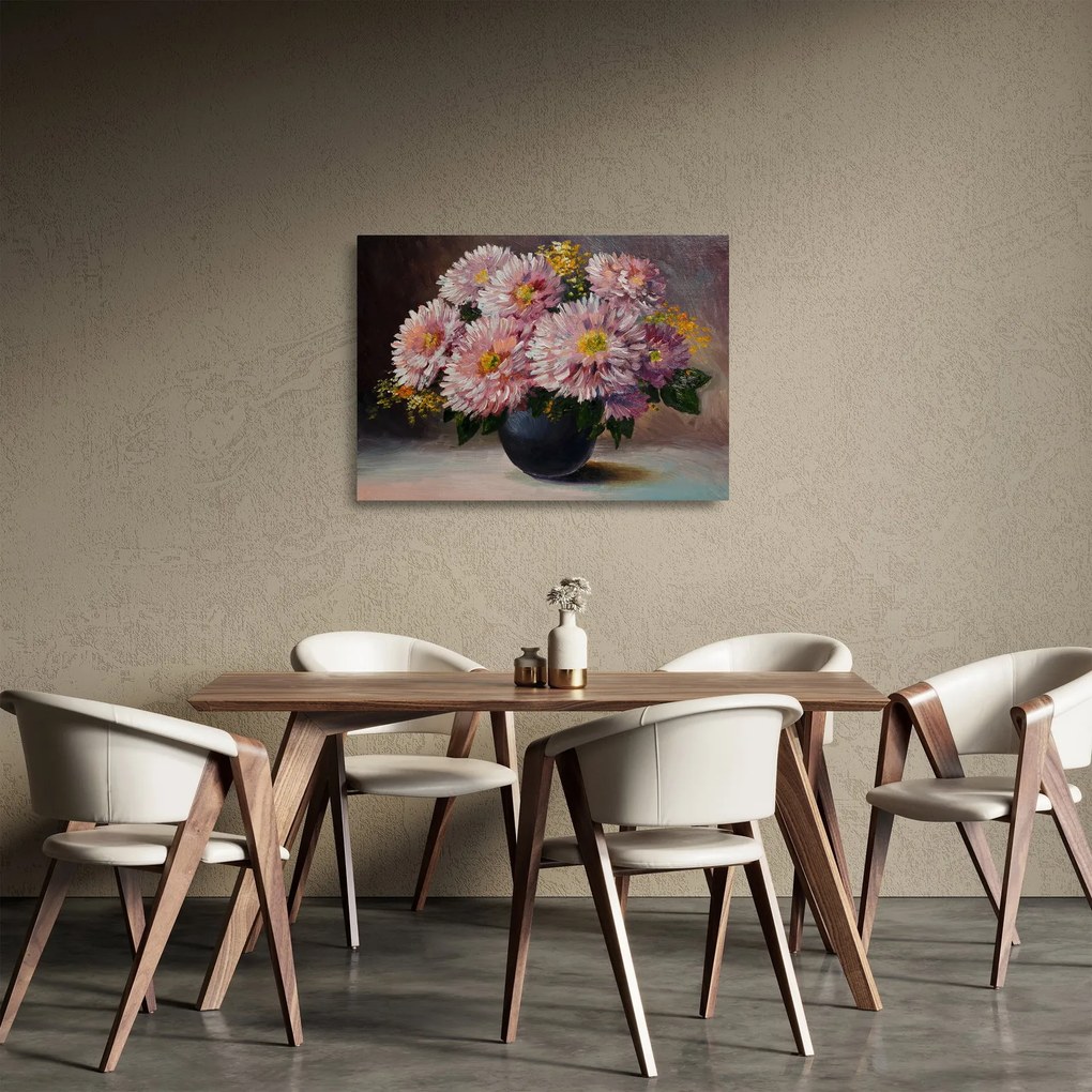 Tablou pe sticlă - Pictură în ulei, flori în vază (70x50 cm)