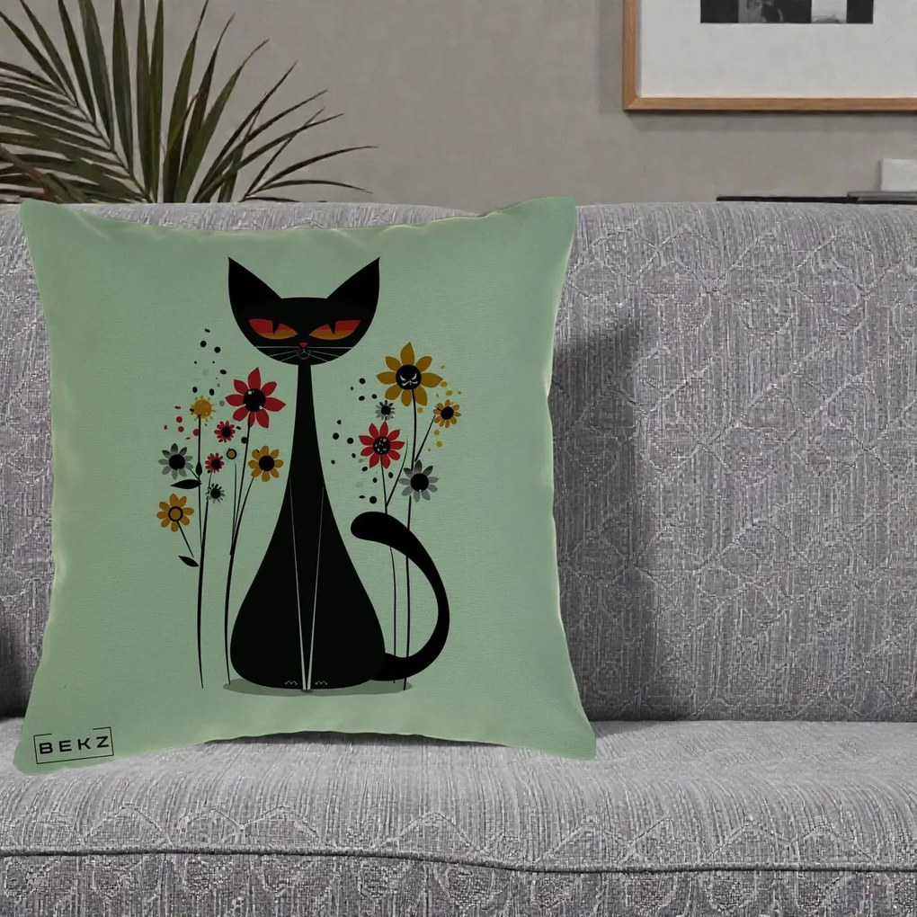Perna Decorativa Pisica Neagra Ochi Rosii Flori, 40x40 cm, Verde, Husa Detasabila, Perna Inclusa, BEKZ®