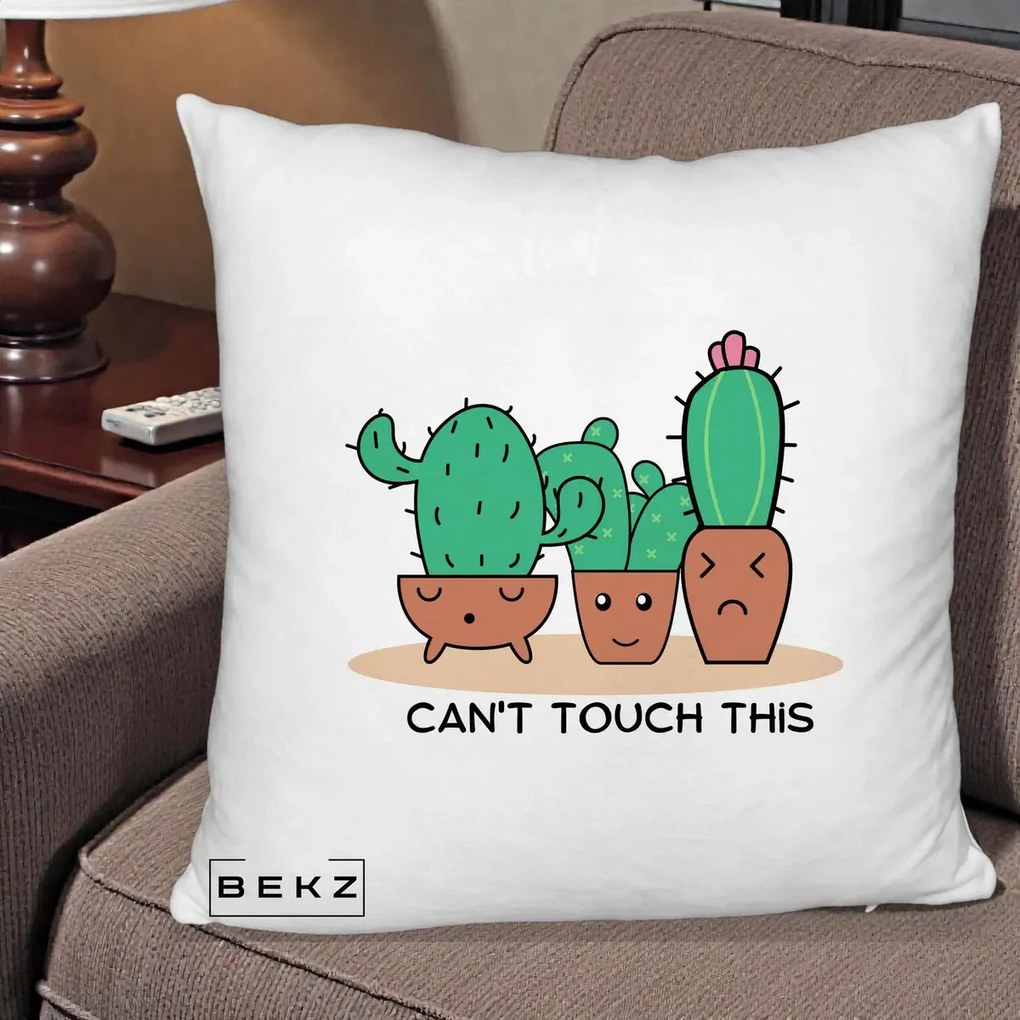 Perna Decorativa Cactus Funny Can't Touch This, 40x40 cm, Alb Pufos, Husa Detasabila, Perna Inclusa, BEKZ®