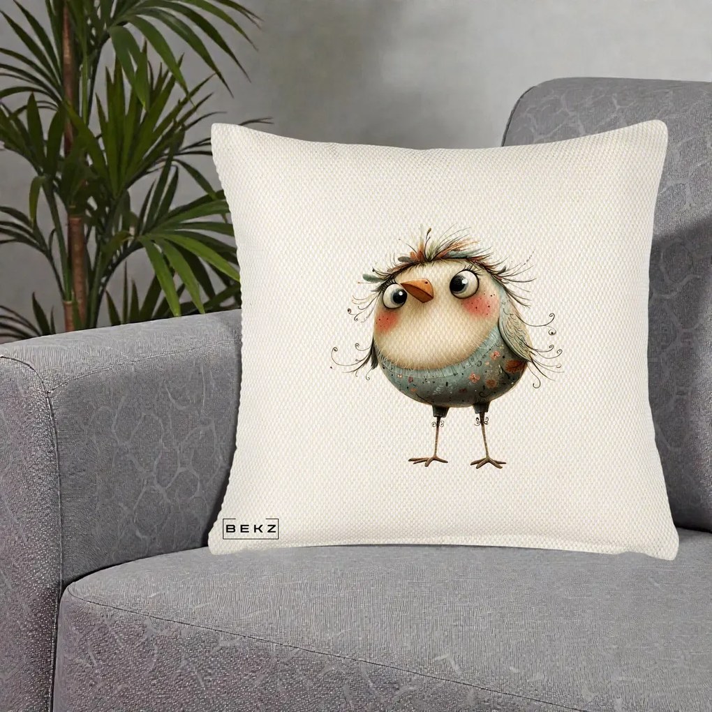 Perna Decorativa Pasare cu Penaj Zbarlit si Gene, 40x40 cm, Crem Reliefat, Husa Detasabila, Perna Inclusa, BEKZ®