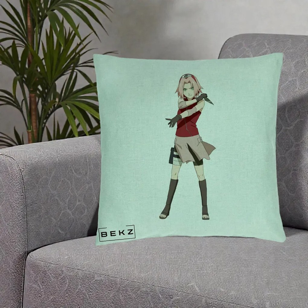 Perna Personalizata Naruto Sakura Haruno Portret, 40x40 cm, Verde Menta, Husa Detasabila, Perna Inclusa, BEKZ®
