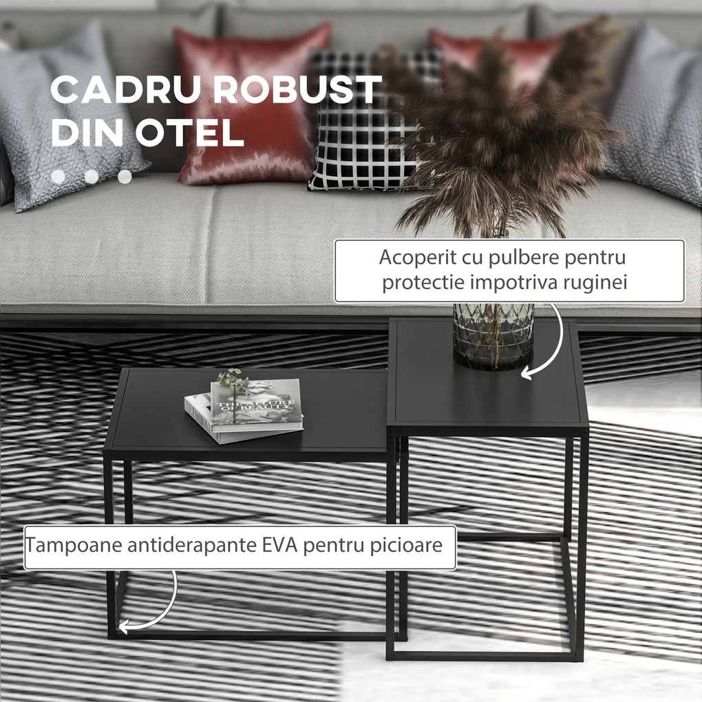 HOMCOM Set 2 Mese Cafea Suprapuse Moderne, Cadru Metalic, Protecții Picioare, Negru | Aosom Romania