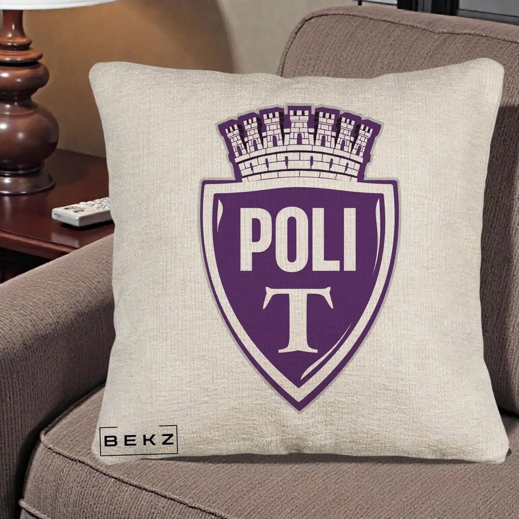 Perna Personalizata Poli Timisoara Fotbal, 40x40 cm, Bej Canapea, Husa Detasabila, Perna Inclusa, BEKZ®