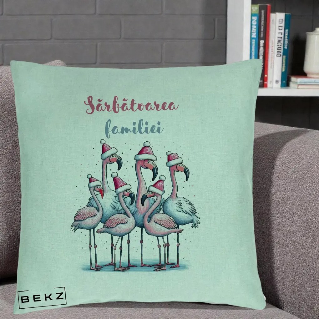Perna Decorativa Flamingo Craciun Sarbatoarea Familiei, 40x40 cm, Verde Menta, Husa Detasabila, Perna Inclusa, BEKZ®