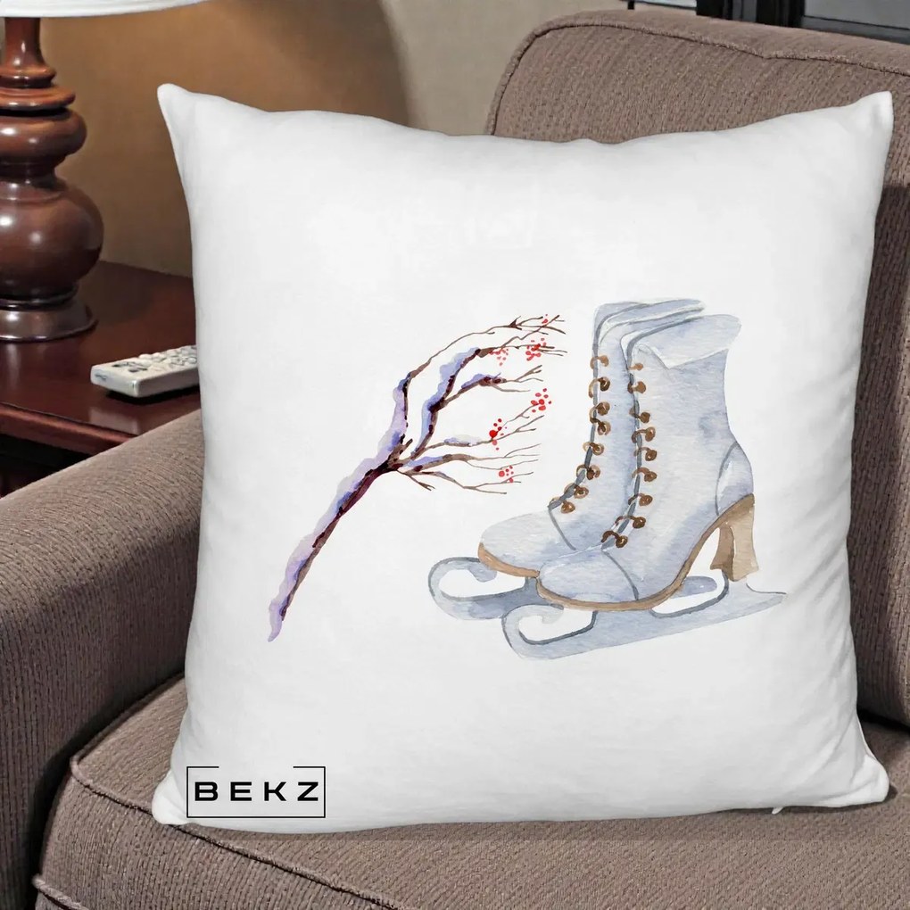 Perna Decorativa Patine cu Ramuri Inzapezite, 40x40 cm, Alb Pufos, Husa Detasabila, Perna Inclusa, BEKZ®