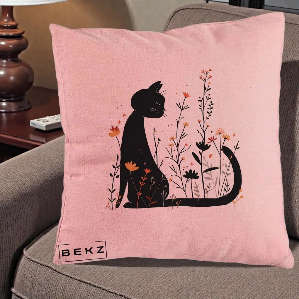 Perna Decorativa Pisica Neagra Flori Portocalii Silueta, 40x40 cm, Roz, Husa Detasabila, Perna Inclusa, BEKZ®