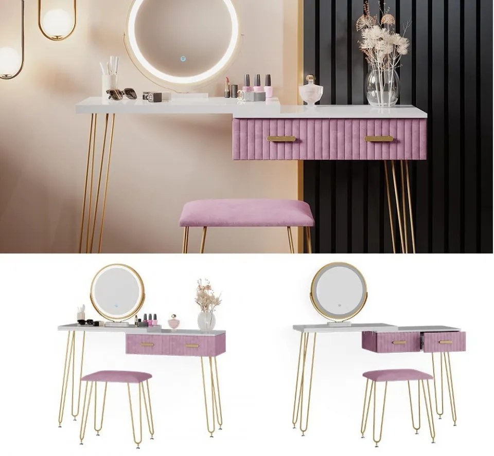 SEA394 - Set Masa toaleta, 120 cm, cosmetica machiaj, oglinda cu LED, masuta vanity, scaun tapitat - Alb-Auriu-Roz