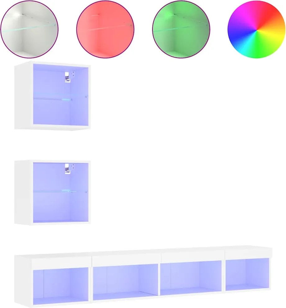 vidaXL Unități de perete TV cu LED-uri, 5 piese, alb, lemn prelucrat